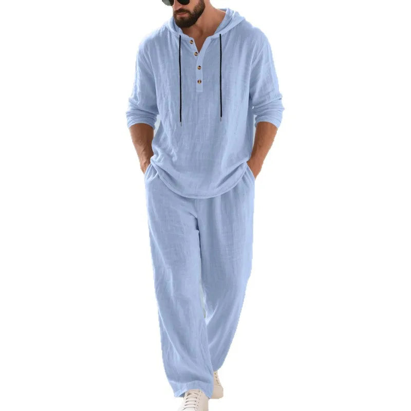Completo Uomo in Lino econ Cappuccio – Camicia Manica Lunga e Pantaloni Casual per Primavera e Autunno