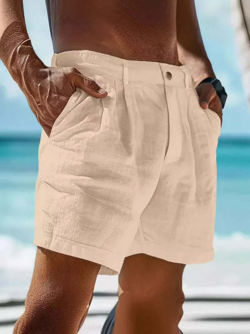 Pantaloncini Estivi 2026 in Cotone e Lino da Uomo, Tinta Unita, Casual, con Bottoni e Tasche, Comodi per la Spiaggia e il Tempo Libero