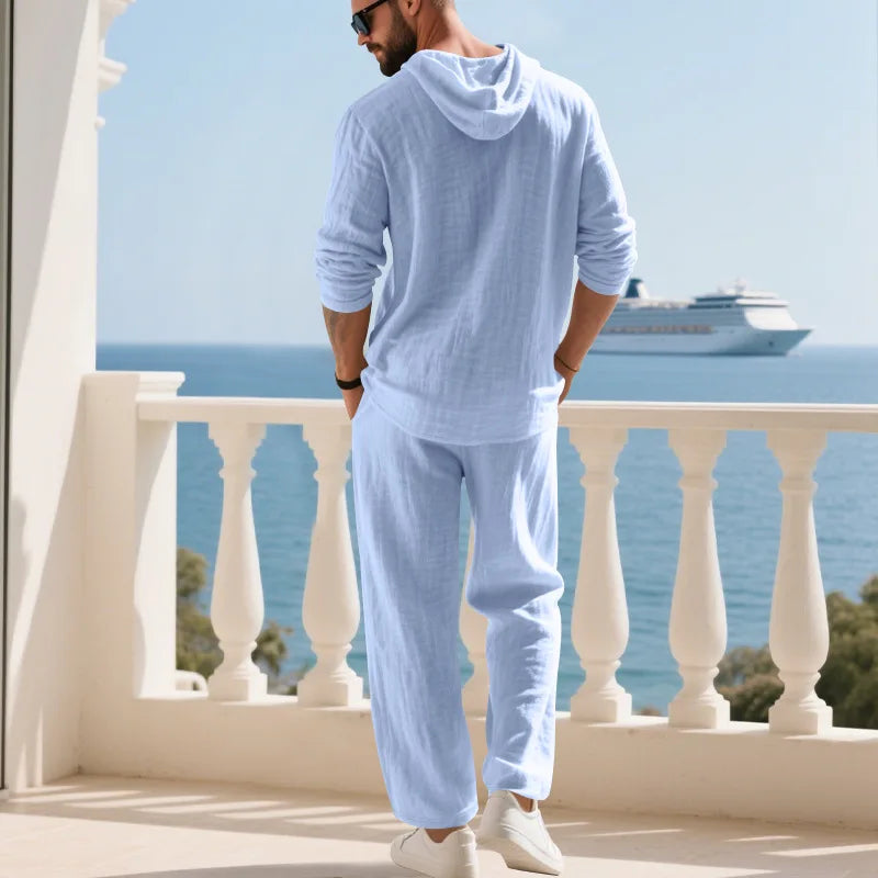 Completo Uomo in Lino econ Cappuccio – Camicia Manica Lunga e Pantaloni Casual per Primavera e Autunno