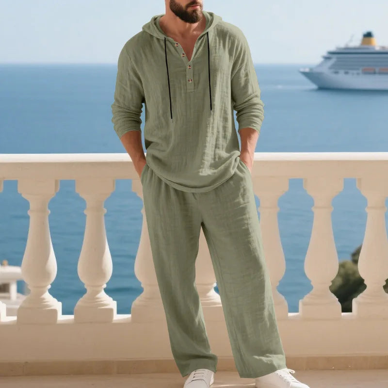 Completo Uomo in Lino econ Cappuccio – Camicia Manica Lunga e Pantaloni Casual per Primavera e Autunno