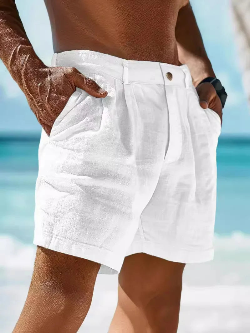Pantaloncini Estivi 2026 in Cotone e Lino da Uomo, Tinta Unita, Casual, con Bottoni e Tasche, Comodi per la Spiaggia e il Tempo Libero